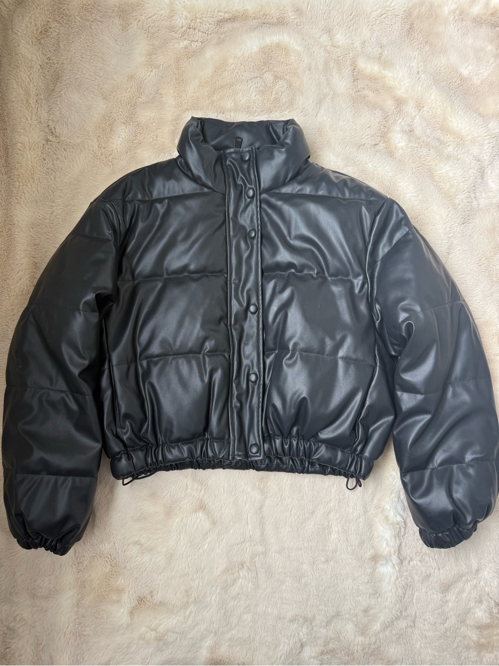 Black Faux Leather Puffer Jacket - Women's Cropped Coat